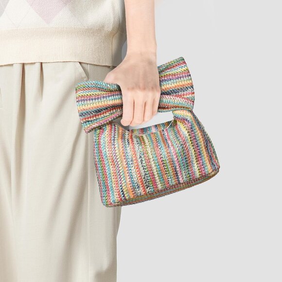 Womens Multi Fashion Clutch Bow Purses Straw Photos Party Wedding - Picture 7 of 7